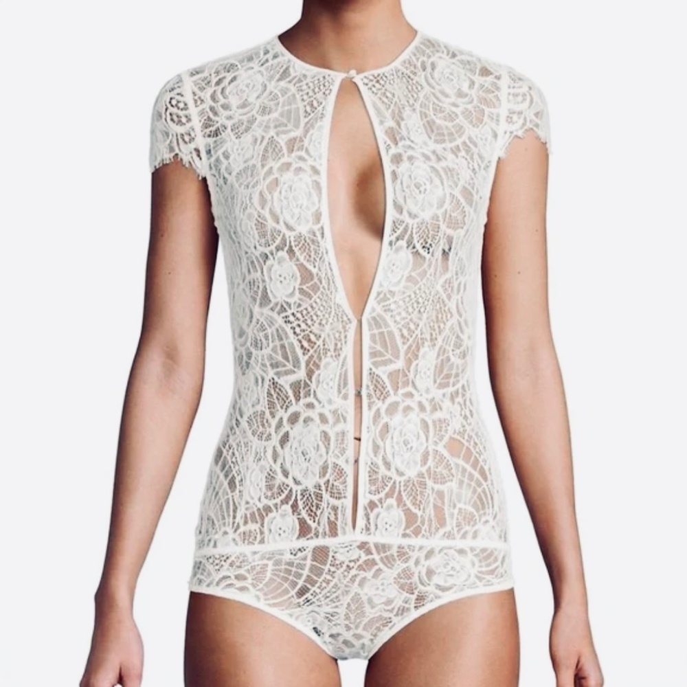 Kiki de Montparnasse Ivory White Coquette Lace Bodysuit New With Tags Sz L